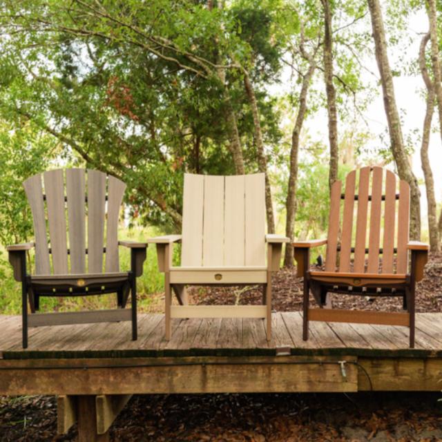 wooden outdoor furniture in serene woodland setting